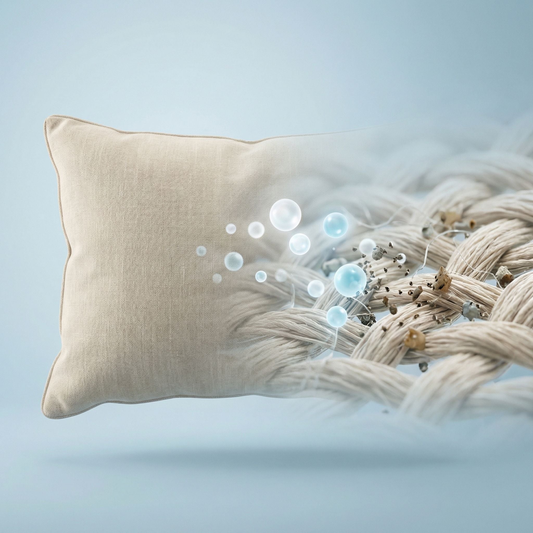 Close-up van textielvezels met deeltjes en probioticageïnspireerde elementen die laten zien hoe enzymen met allergenen in stoffen interageren