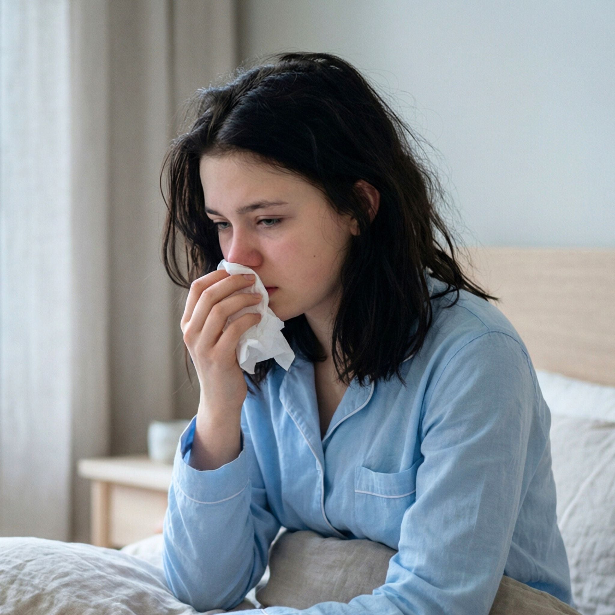 Vrouw die op een bed zit met een tissue en symptomen van huisstofmijtallergie in een binnenomgeving vertoont