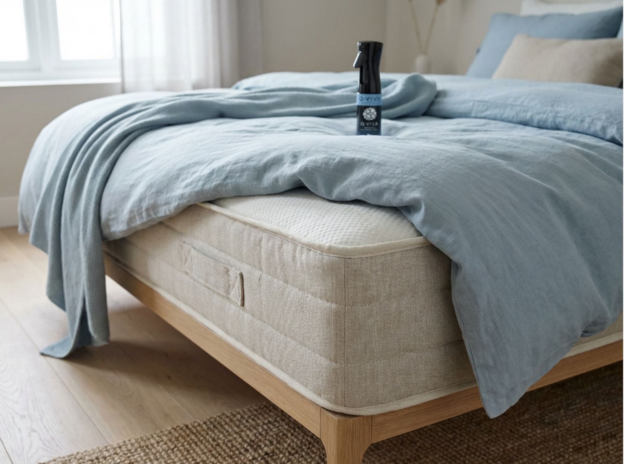 -Viva Allergen Spray op een matras dat gebruik op slaaptextiel toont waar allergenen zich kunnen ophopen