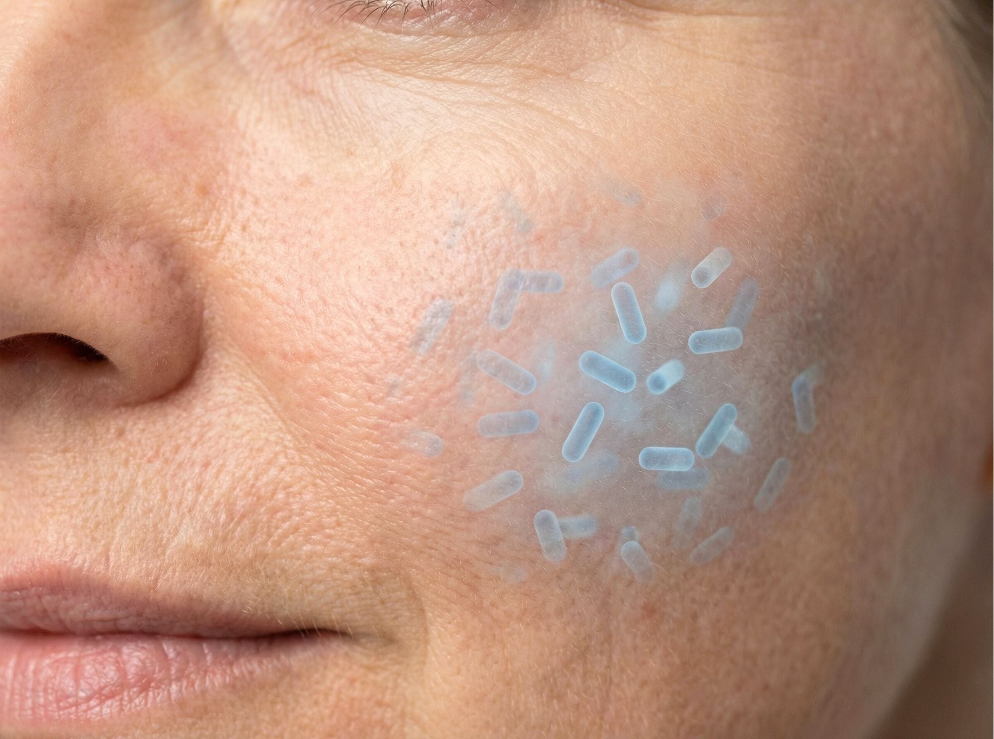 Close-up van gezichtshuid met probioticageïnspireerde elementen die de microbiome-ondersteunende werking van Q-Viva Skin Conditioner illustreren