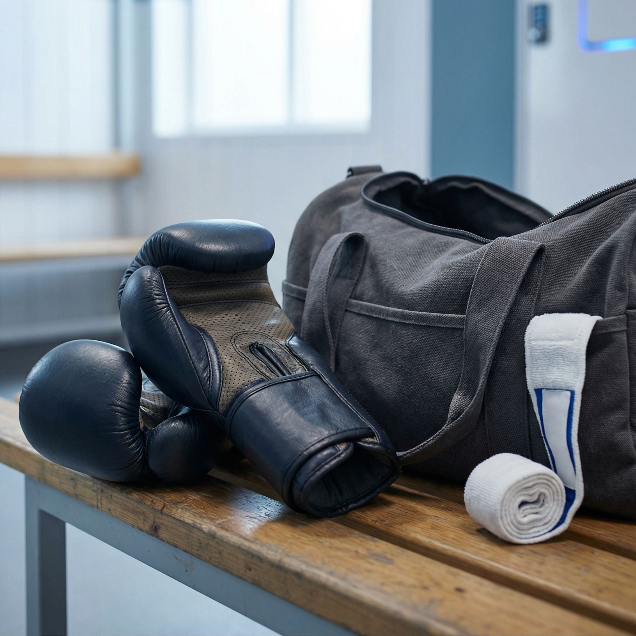Bokshandschoenen en sporttas op een houten bank die gebruik van spray tonen om boksuitrusting fris te houden na training
