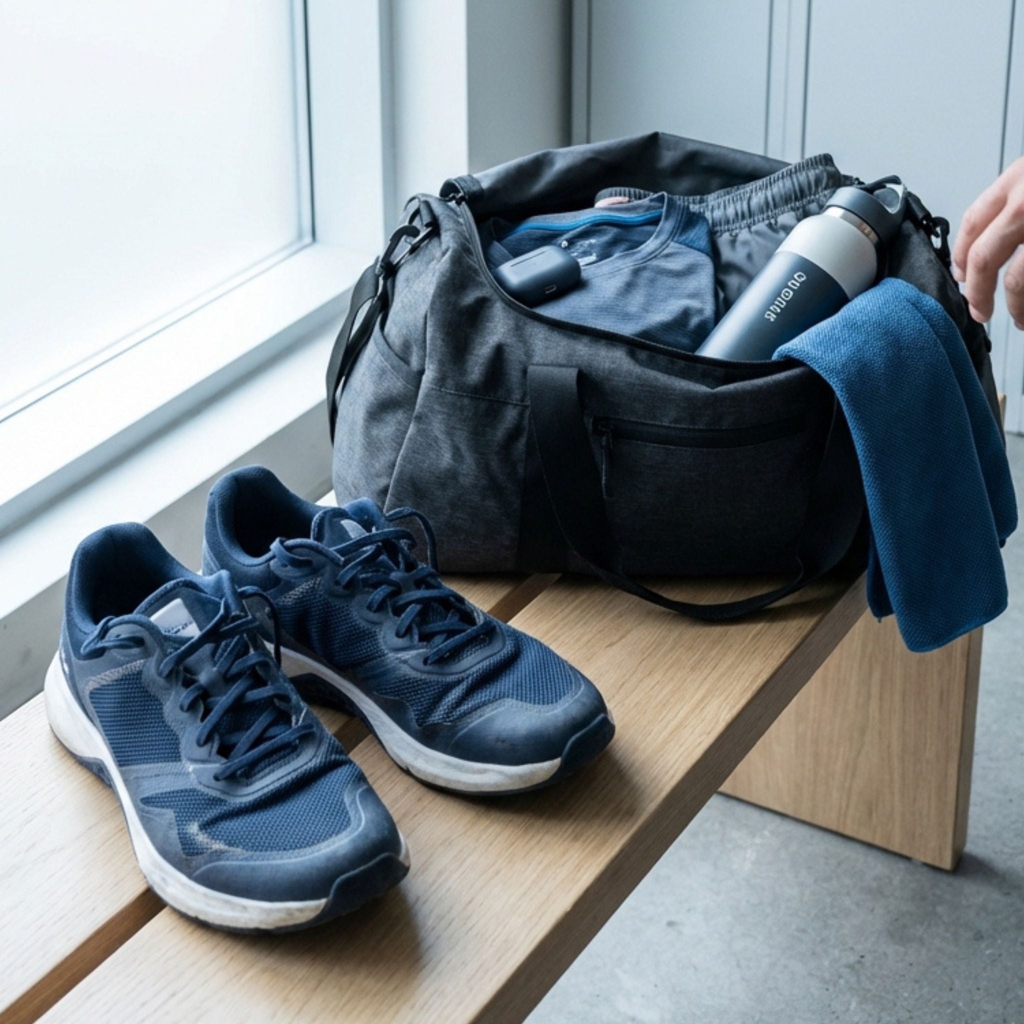 Sportkleding, hardloopschoenen en sporttas die gebruik van spray tonen om sportkleding fris te houden en geuropbouw na training te verminderen