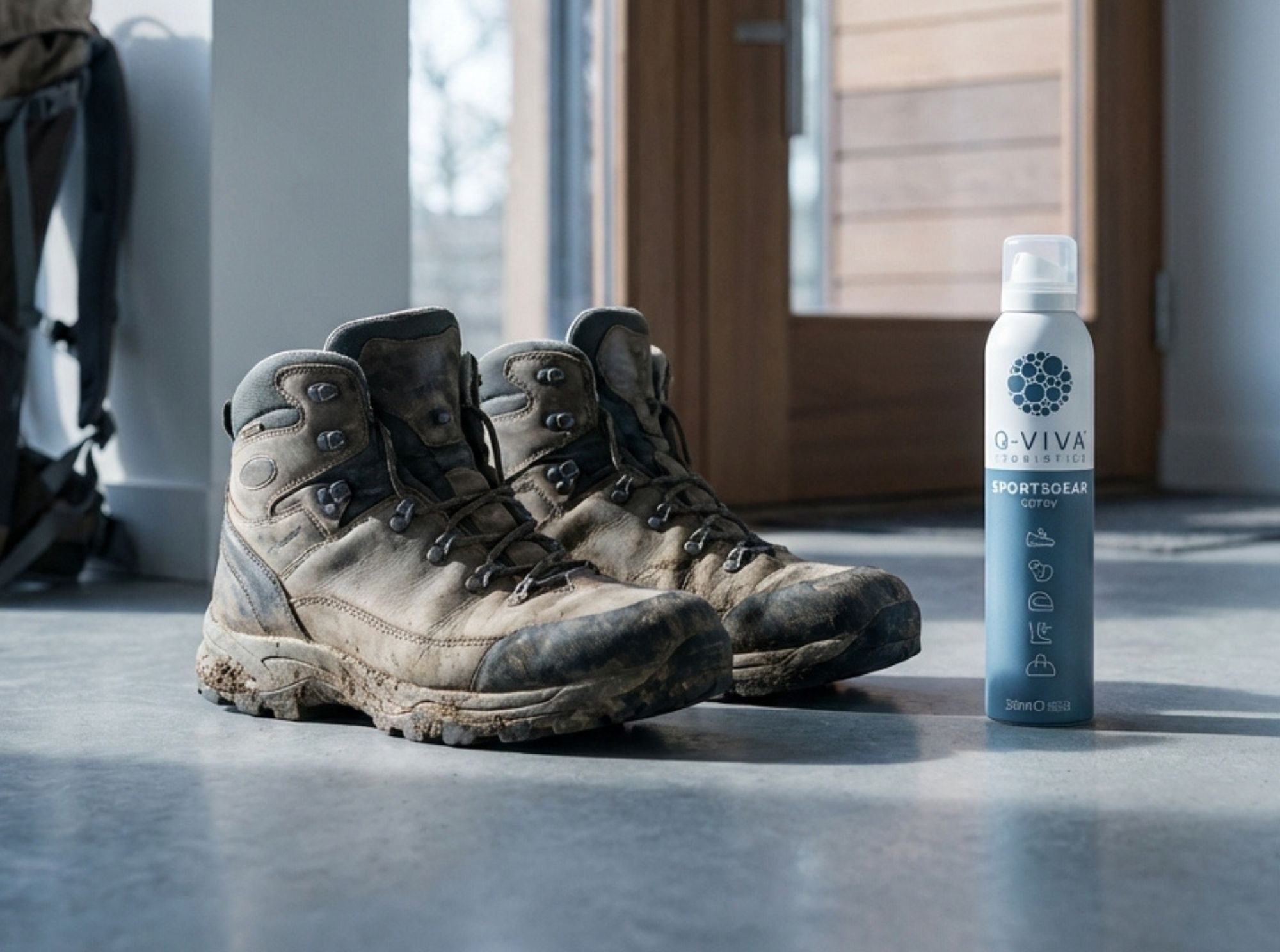 Q-Viva Sportsgear Spray naast gedragen schoenen en laarzen om geuropbouw in schoeisel aan te pakken
