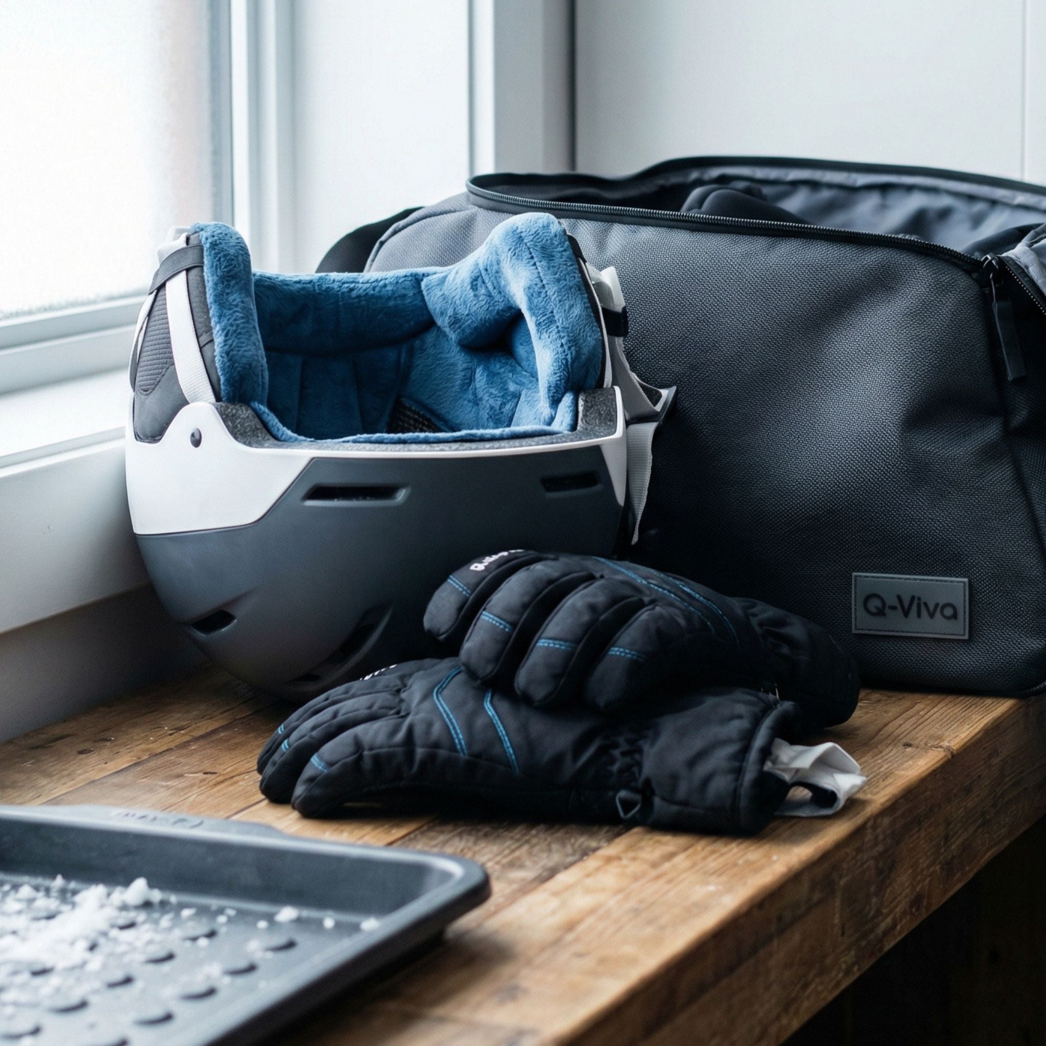 Skihelm, handschoenen en sporttas die gebruik van spray tonen om wintersportuitrusting fris te houden na gebruik