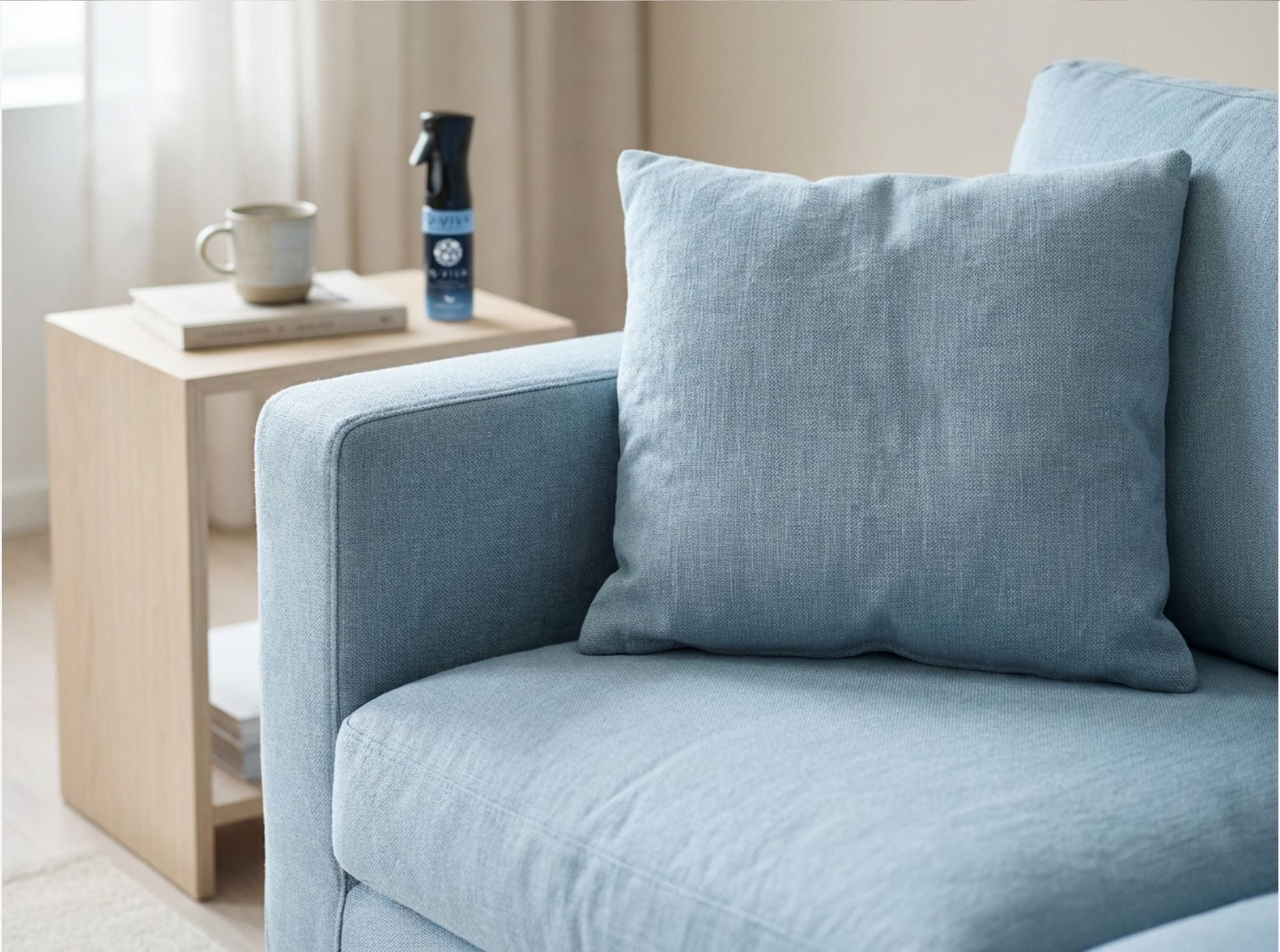 Q-Viva Allergen Spray naast een bank die gebruik op gestoffeerde meubels toont waar allergenen zich kunnen ophopen