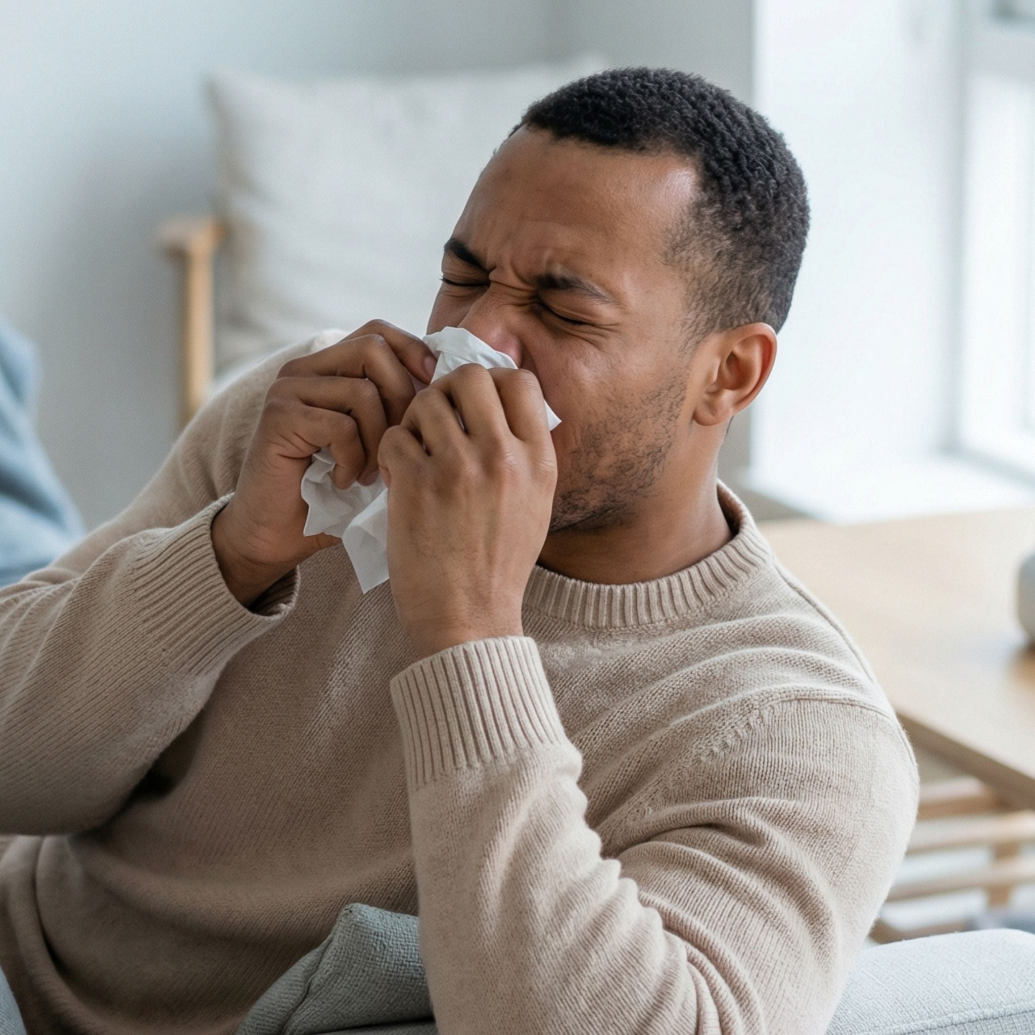Man die in een tissue niest en hooikoortssymptomen toont die kunnen worden veroorzaakt door allergenen in huistextiel