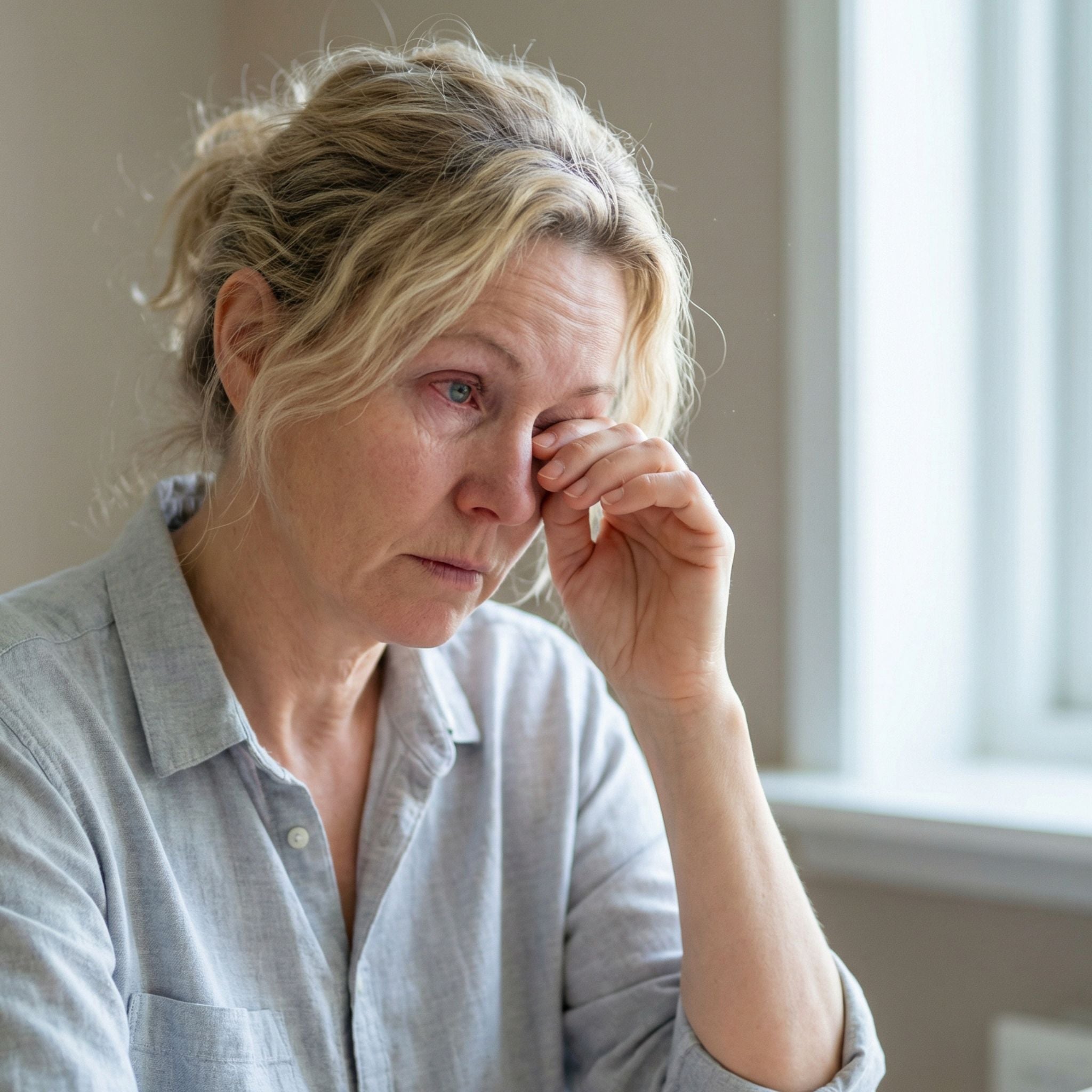 Vrouw die in haar oog wrijft en ongemak ervaart door allergenen van huisdieren in huistextiel