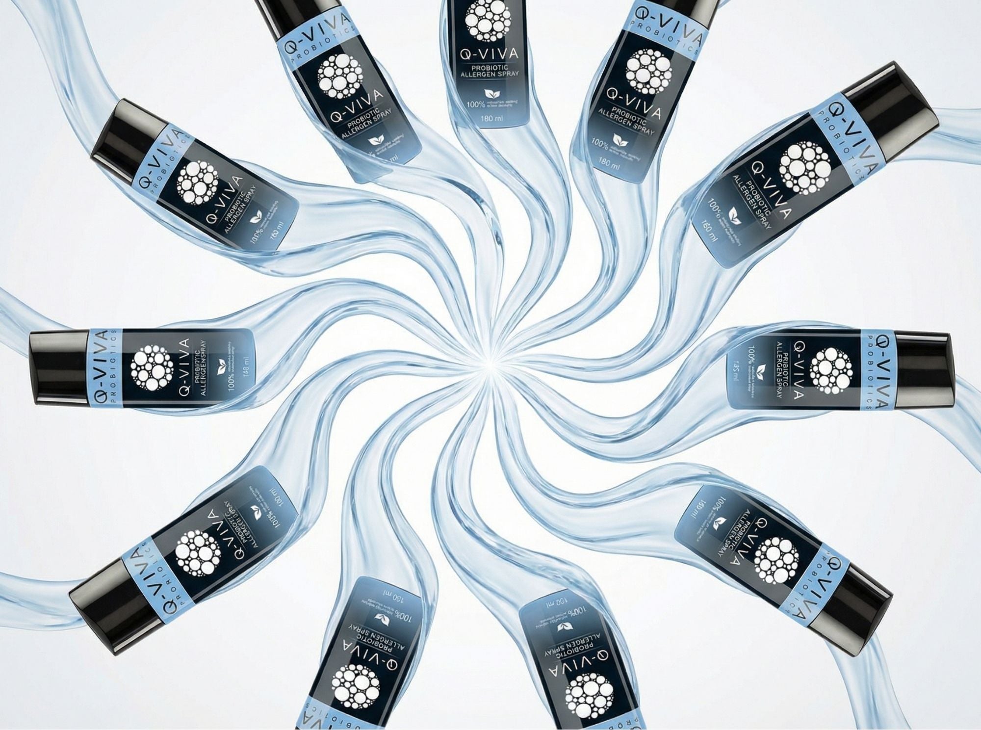 Meerdere Q-Viva flessen in een cirkelvorm die de waarde en besparing van navullingen ten opzichte van nieuwe flessen tonen