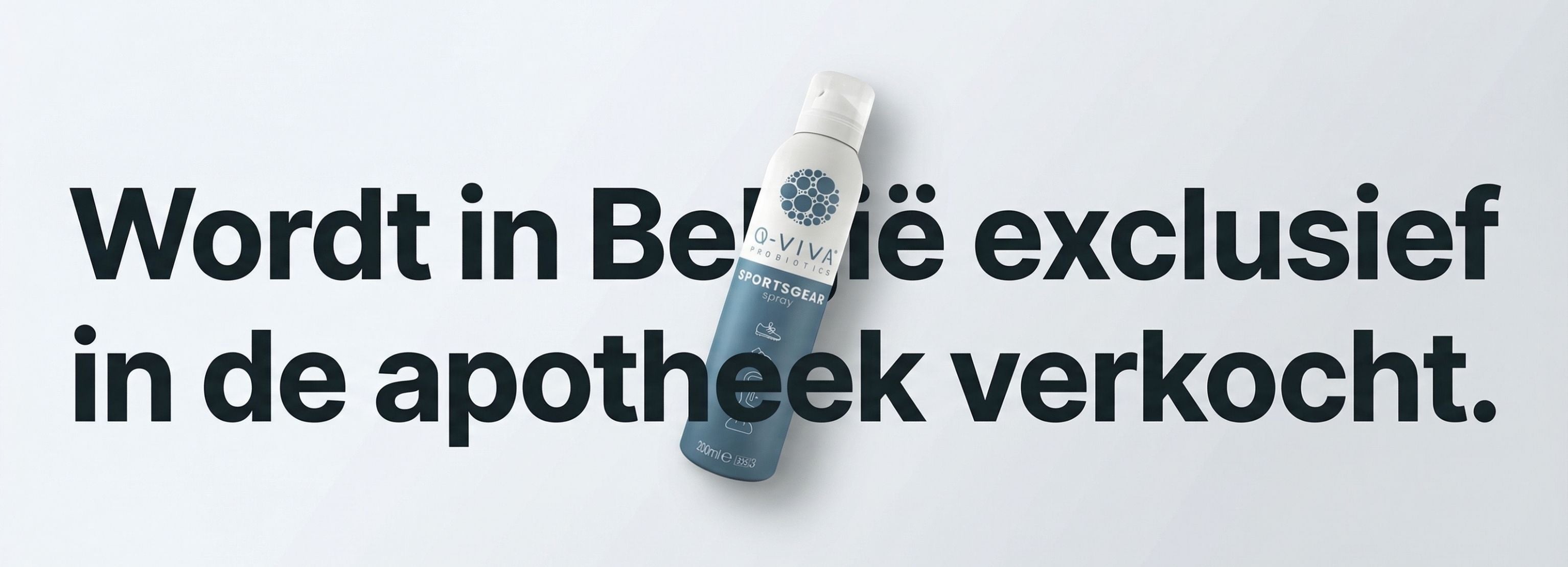 Q-Viva Sportsgear Spray met tekst die aangeeft dat het exclusief verkrijgbaar is in Belgische apotheken