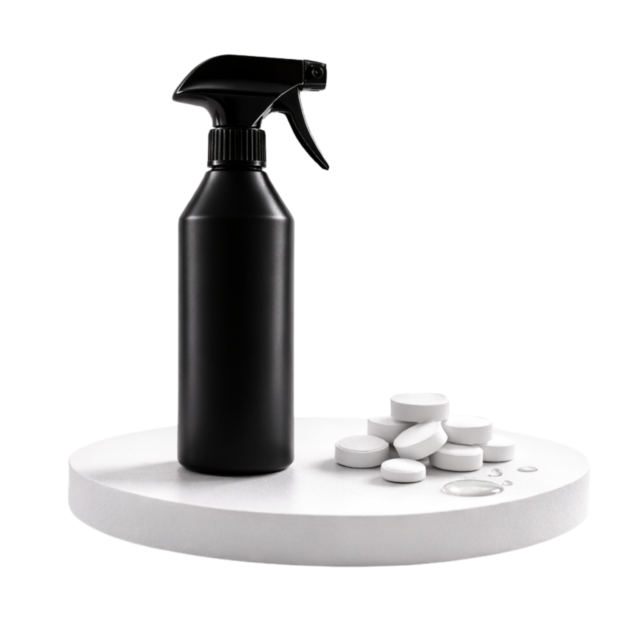 Zwarte sprayfles en tabletten die veelgebruikte conventionele manieren voorstellen om allergiesymptomen te beheersen