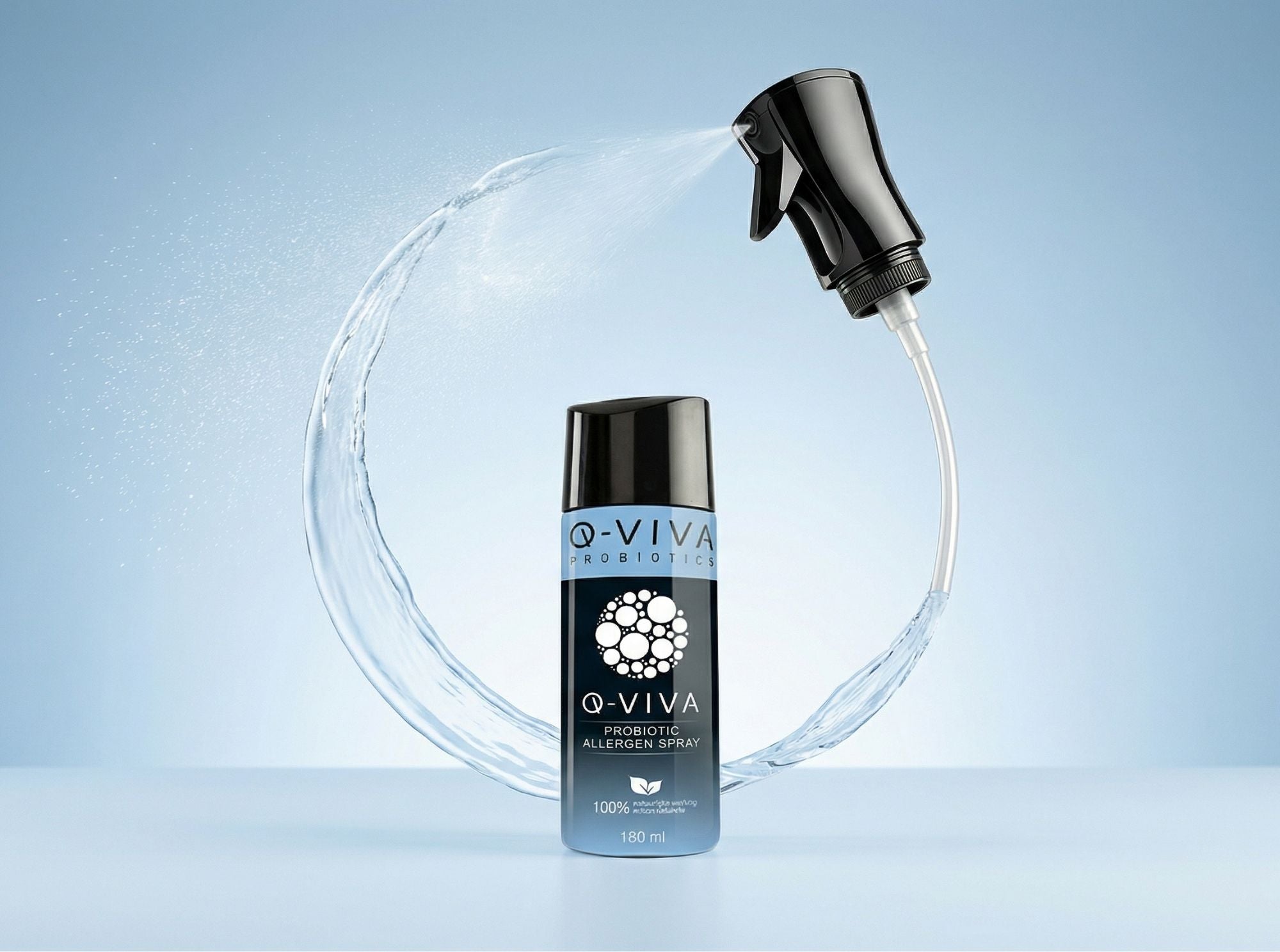 Q-Viva Allergen Spray navulconcept met herbruikbare spraykop dat minder plastic afval en een duurzamere routine toont