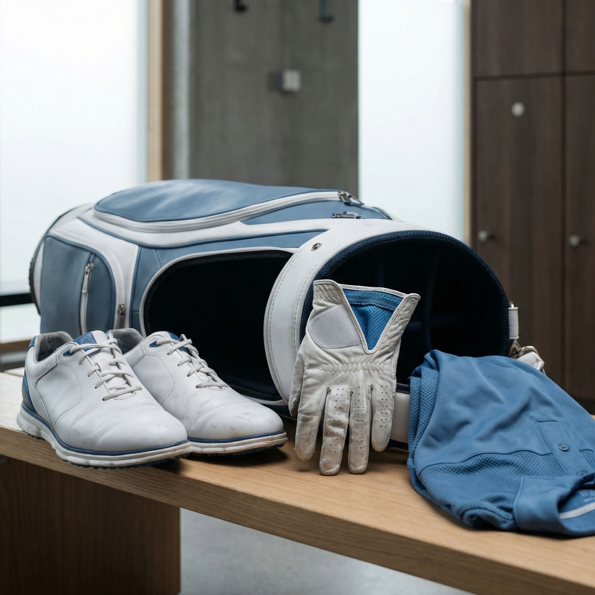 Golfschoenen, handschoenen en golftas die gebruik van spray tonen om golfuitrusting en kleding fris te houden