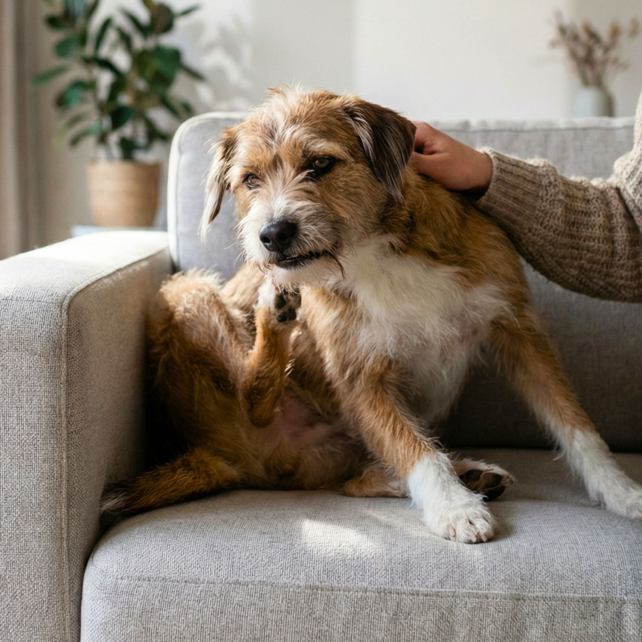 Hond die zich krabt op een bank en gevoeligheid voor allergenen in zijn textielomgeving toont