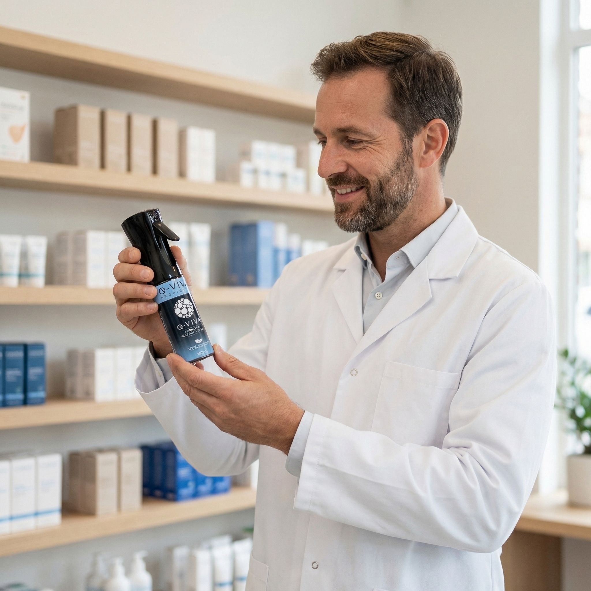 Apotheker die Q-Viva Allergen Spray vasthoudt in een apotheek, wat professionele beschikbaarheid en vertrouwen uitstraalt