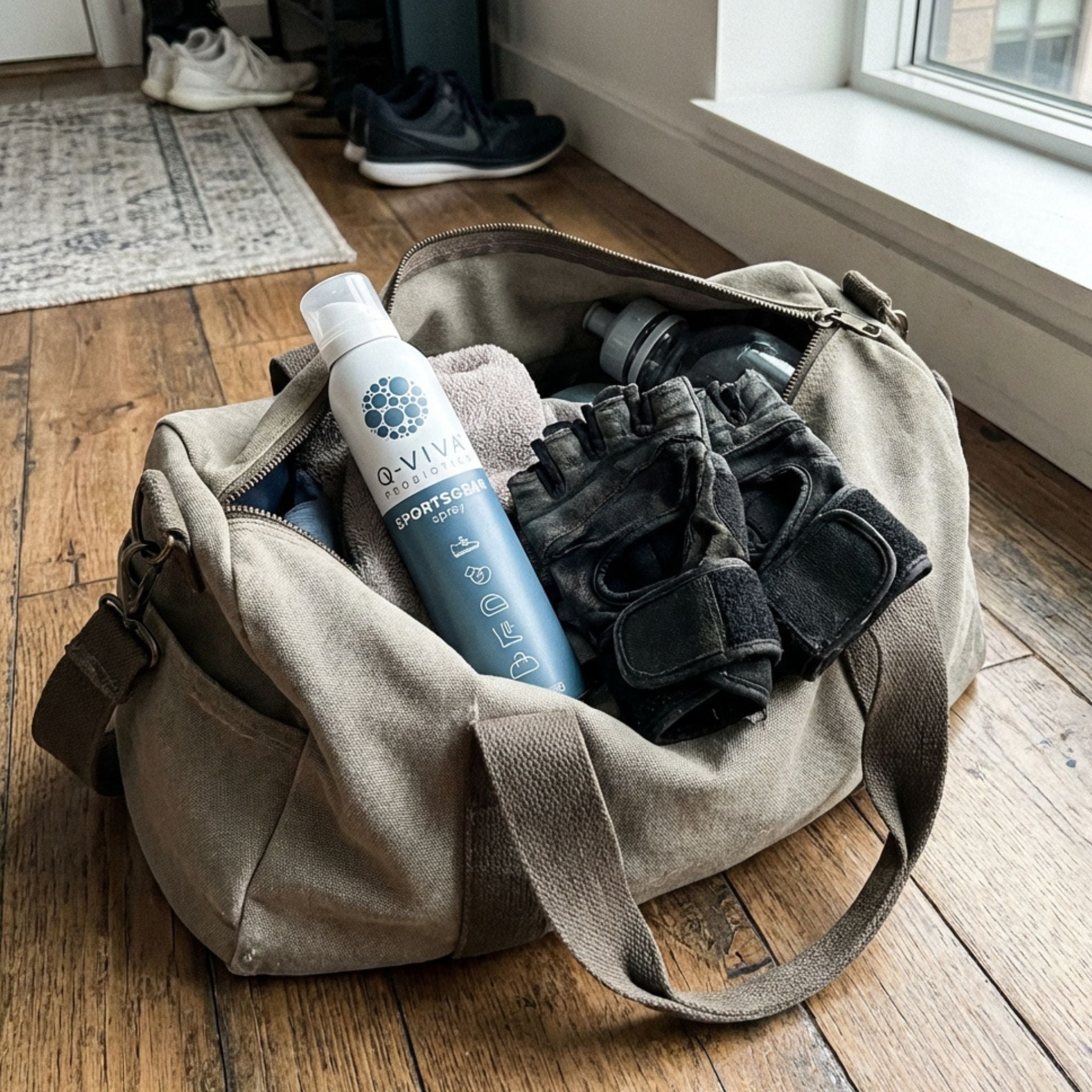 Q-Viva Sportsgear Spray in een sporttas met handschoenen en uitrusting om geuropbouw na trainingen te verminderen