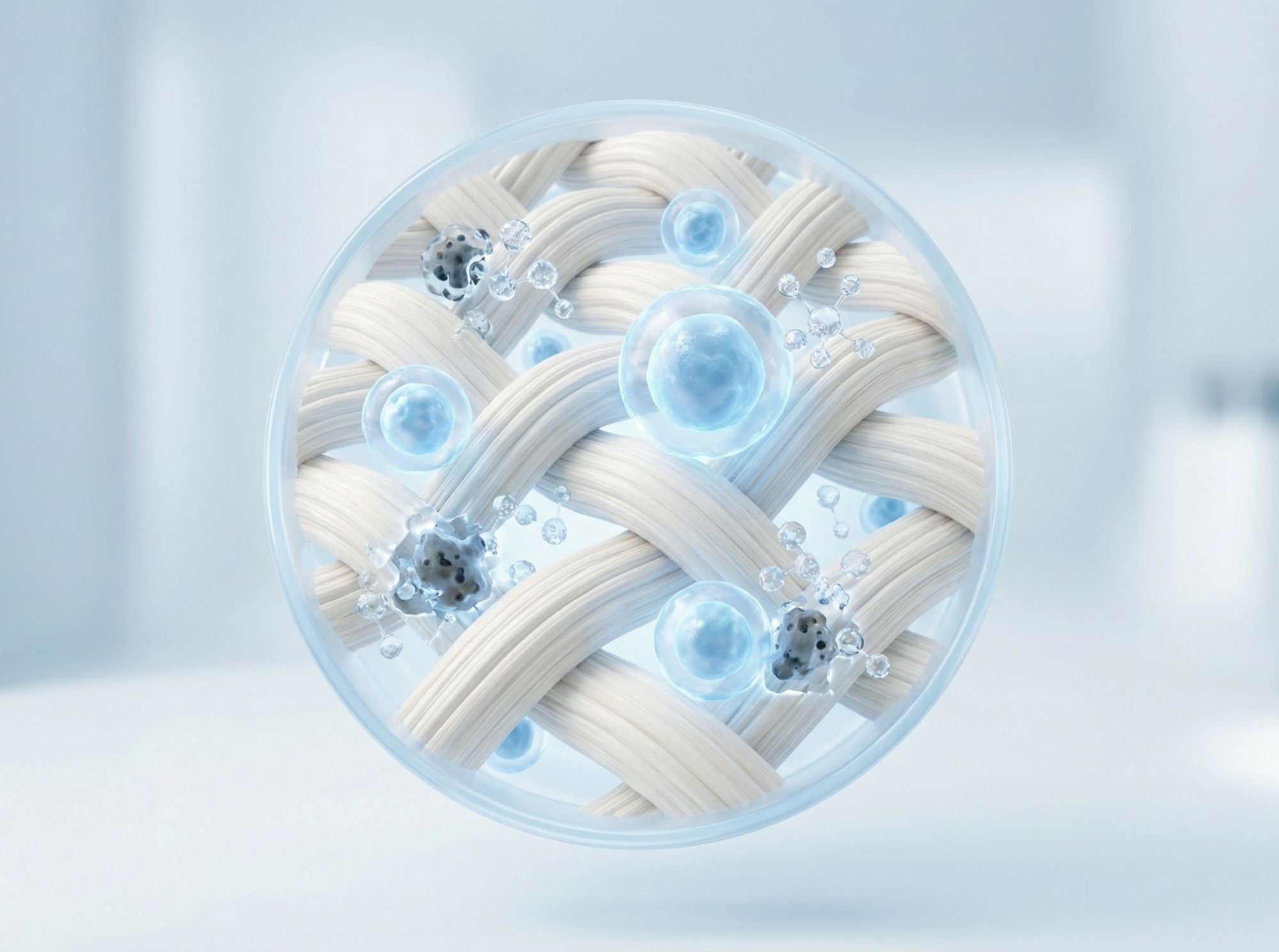 Close-up van textielvezels met probiotische elementen die de werking van dezelfde vertrouwde formule in stoffen tonen