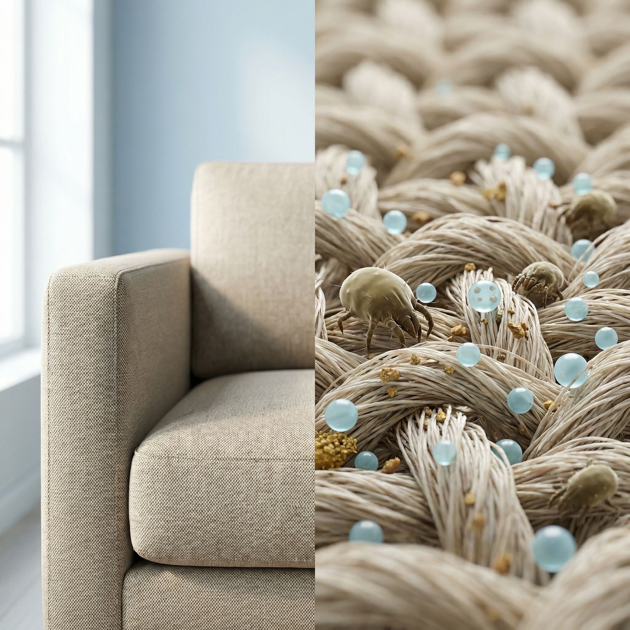 Gesplitste afbeelding van een bankstof naast een close-up van textielvezels met huisstofmijtallergenen en probioticageïnspireerde elementen die laten zien hoe Q-Viva op textiel werkt