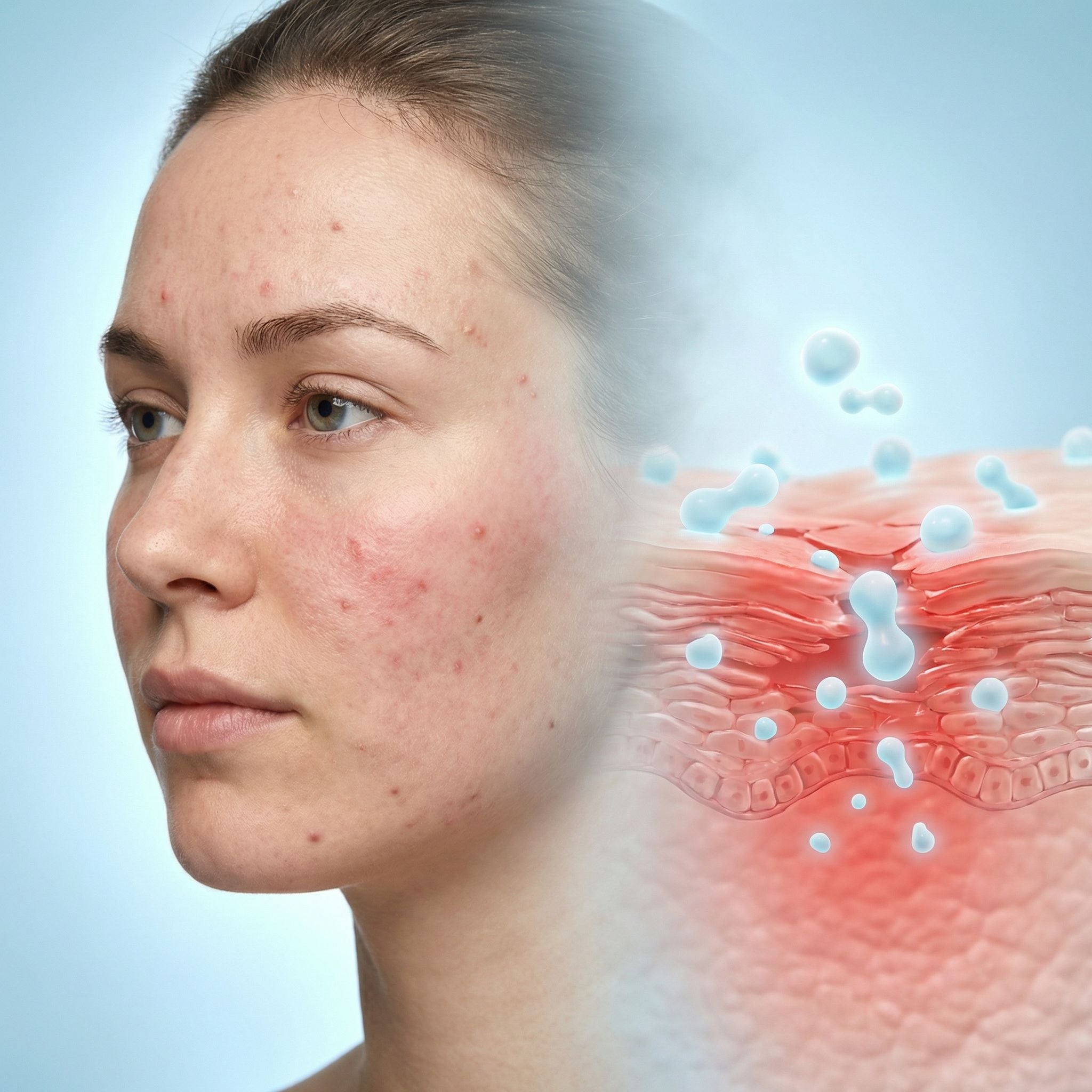 Illustratie van huid met roodheid en onzuiverheden naast microbiële activiteit die laat zien hoe Q-Viva Skin Conditioner de huidbalans ondersteunt