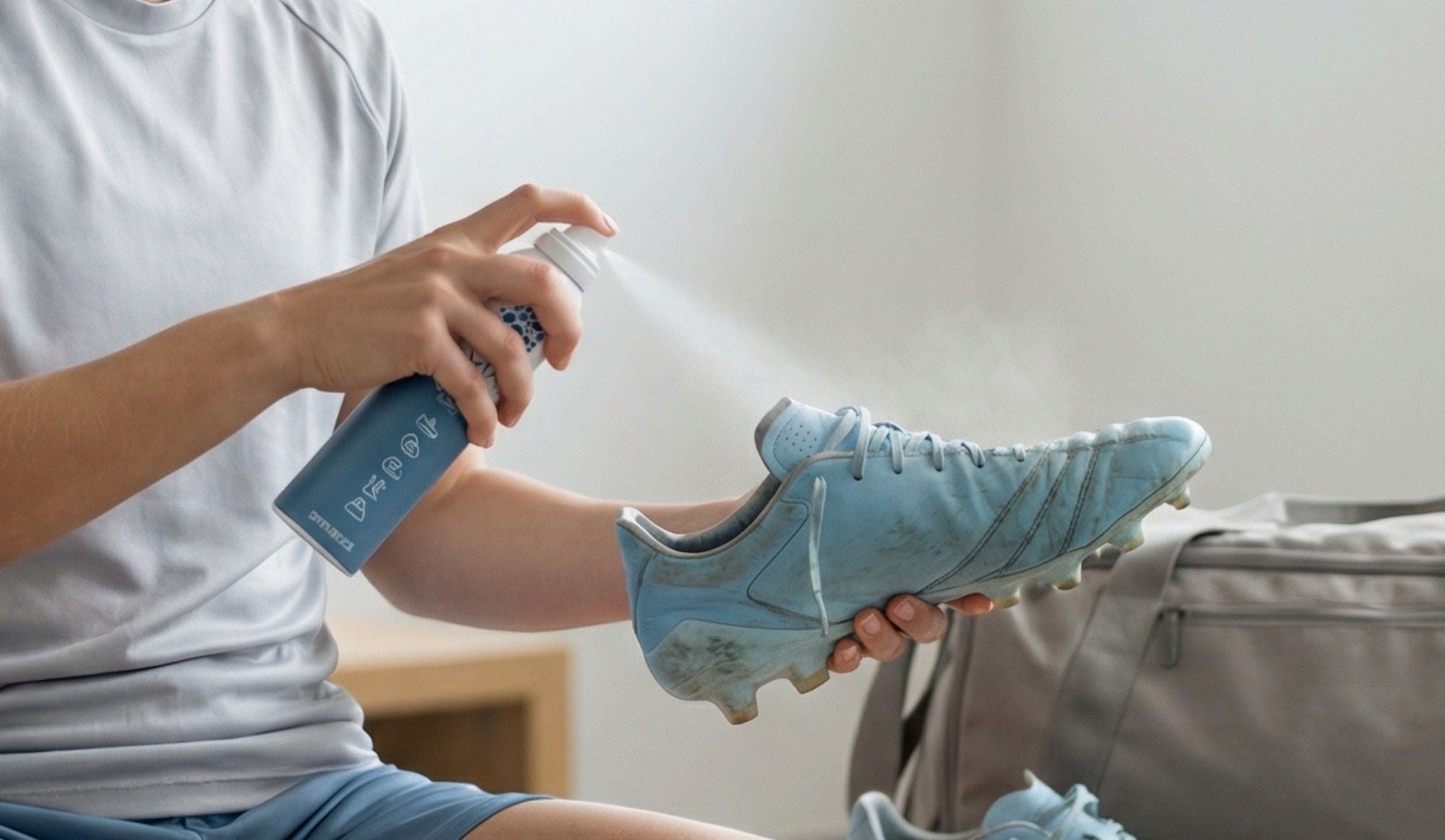 Persoon die een lichtblauwe voetbalschoen sprayt met Q-Viva Sportsgear Spray om sporttextiel op te frissen