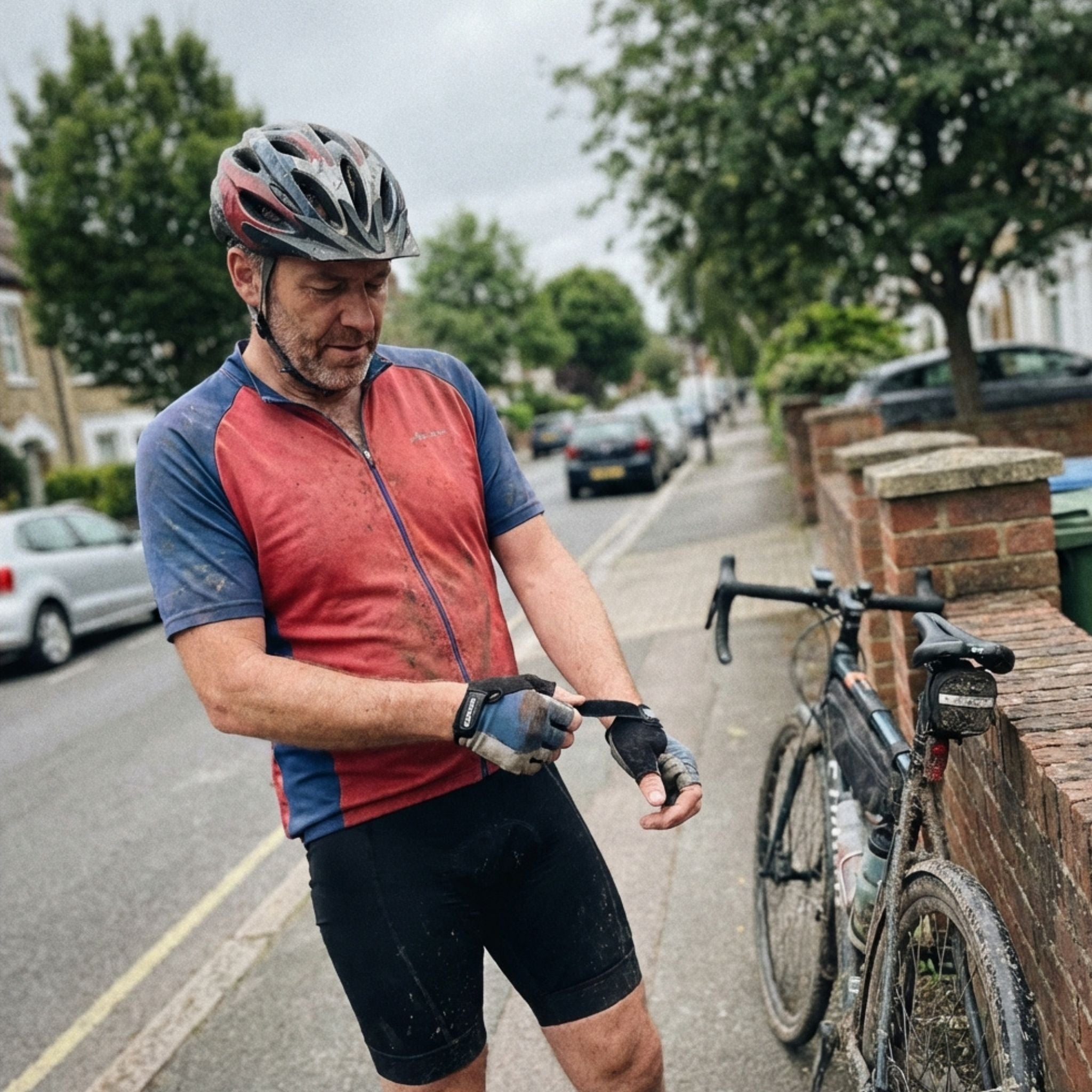 Wielrenner die zijn handschoenen aanpast als symbool van frisse en goed onderhouden sportuitrusting