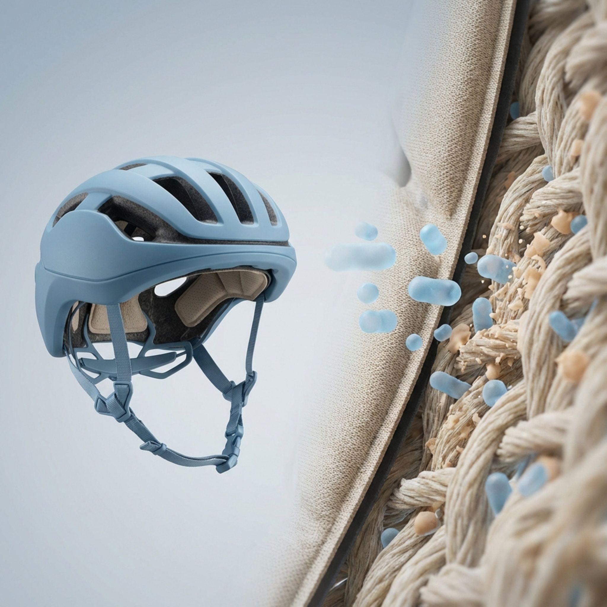 Sporthelm naast textielvezels met probiotische elementen die laten zien hoe probiotica organische resten in sportuitrusting afbreken