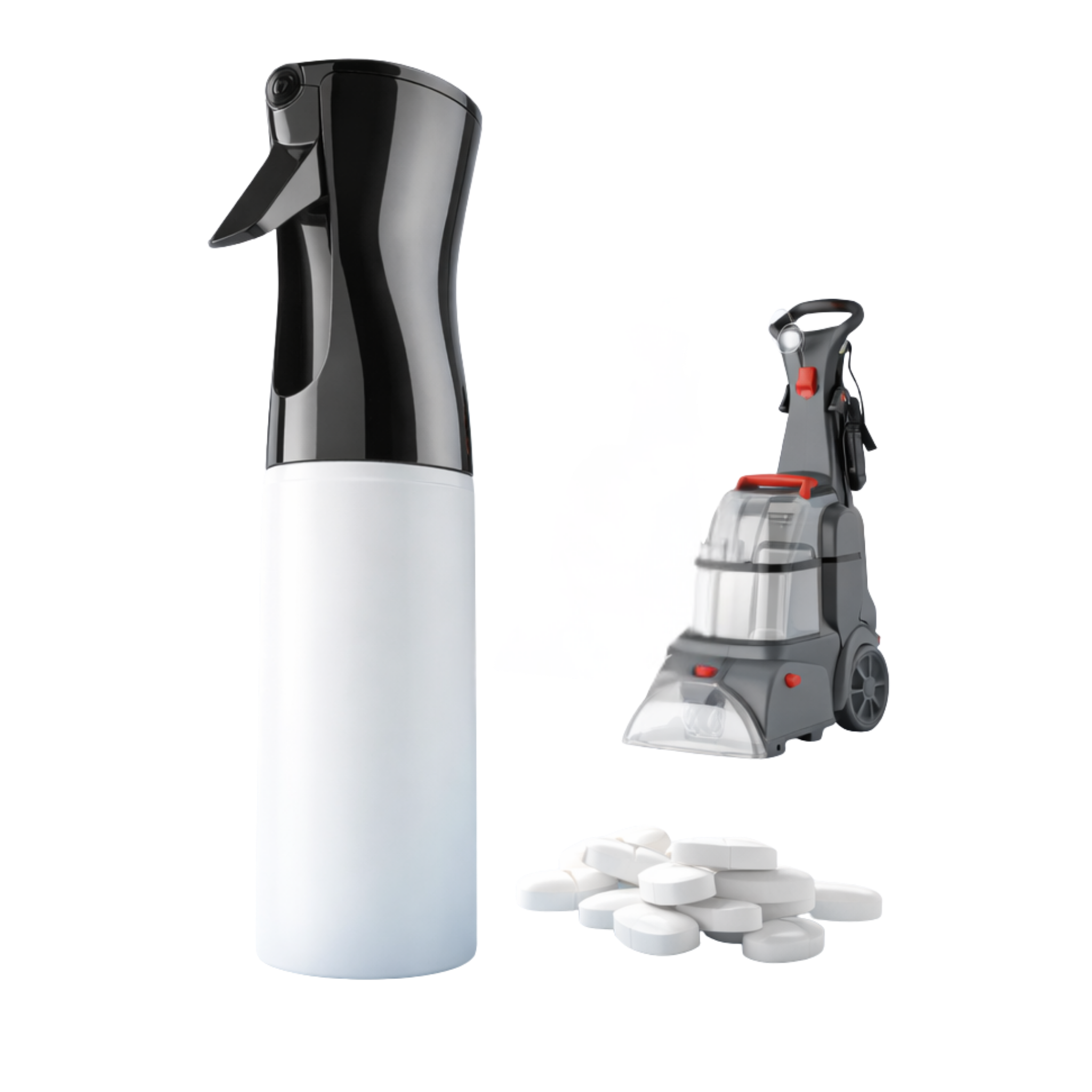 Sprayfles, tabletten en reinigingsapparaat die veelgebruikte alternatieve manieren voorstellen om allergiesymptomen te beheersen