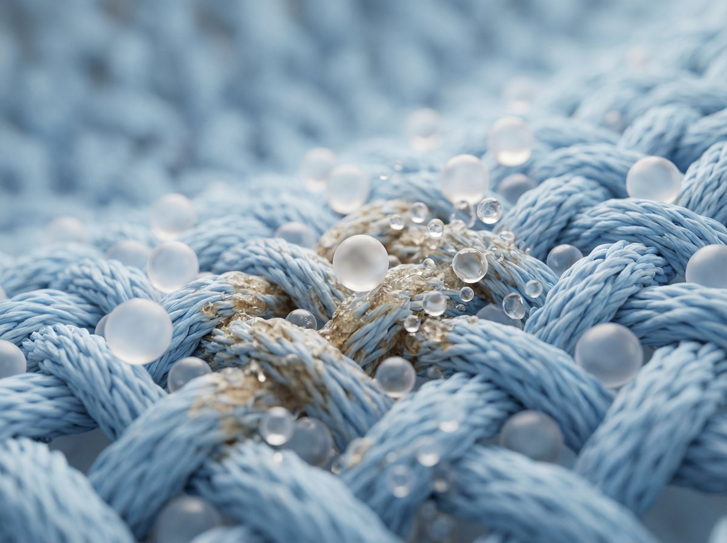 Close-up van lichtblauwe textielvezels met probioticageïnspireerde bubbels als illustratie van de textielverzorgingstechnologie van Q-Viva