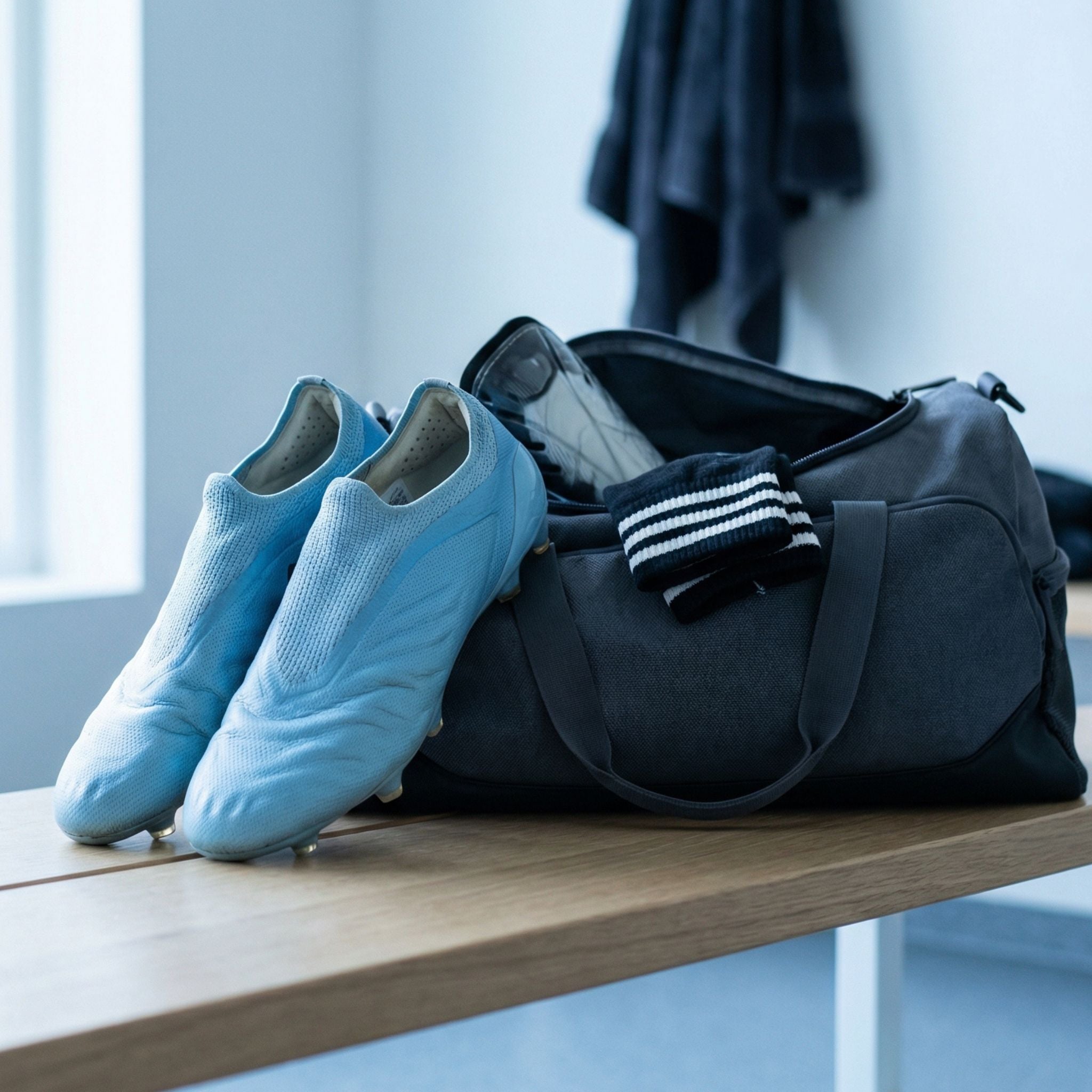 Voetbalschoenen en sporttas op een bankje die gebruik van spray tonen om sportuitrusting fris te houden en geuropbouw te verminderen