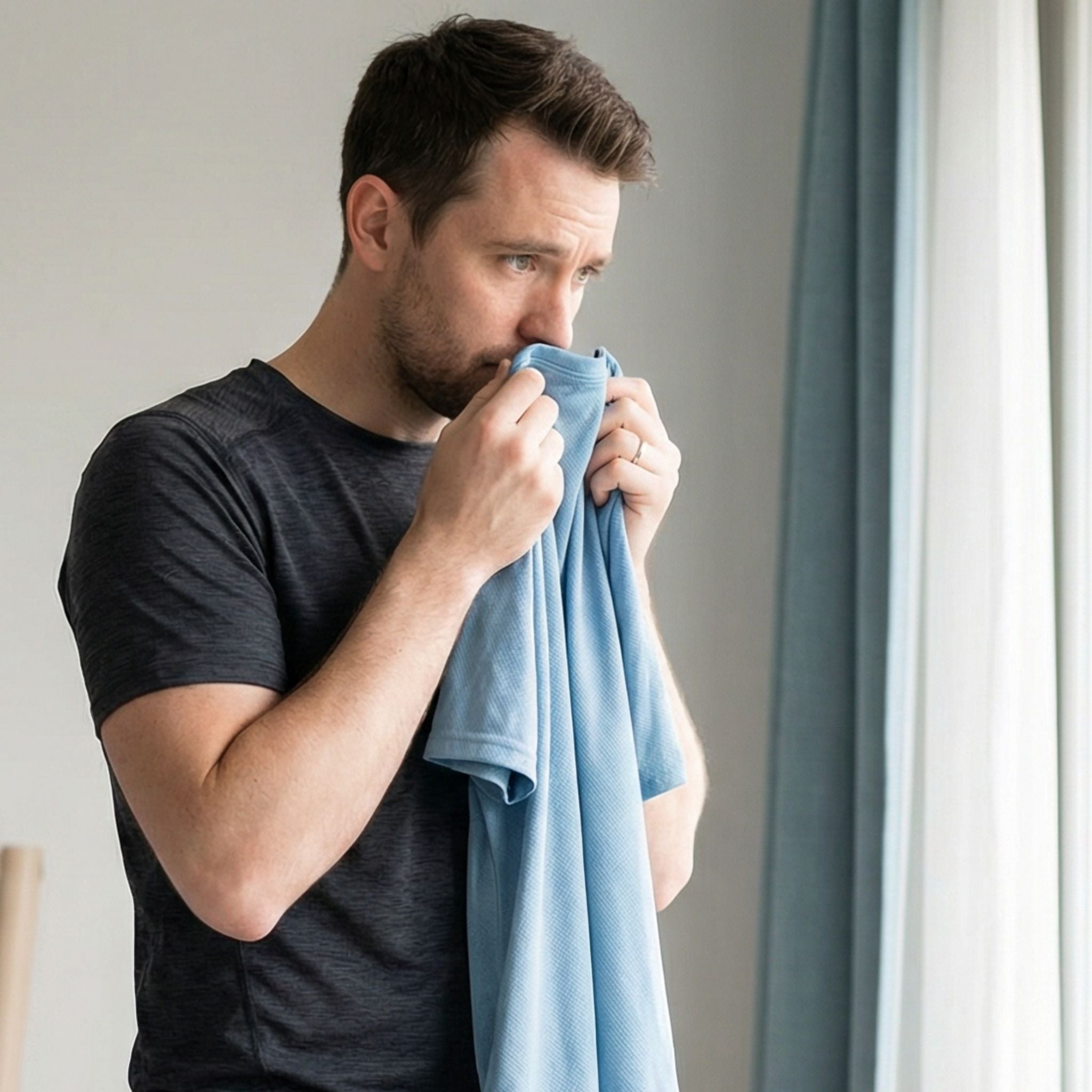 Man die aan een bezweet shirt ruikt en het probleem van hardnekkige geuren in sportkleding na training toont