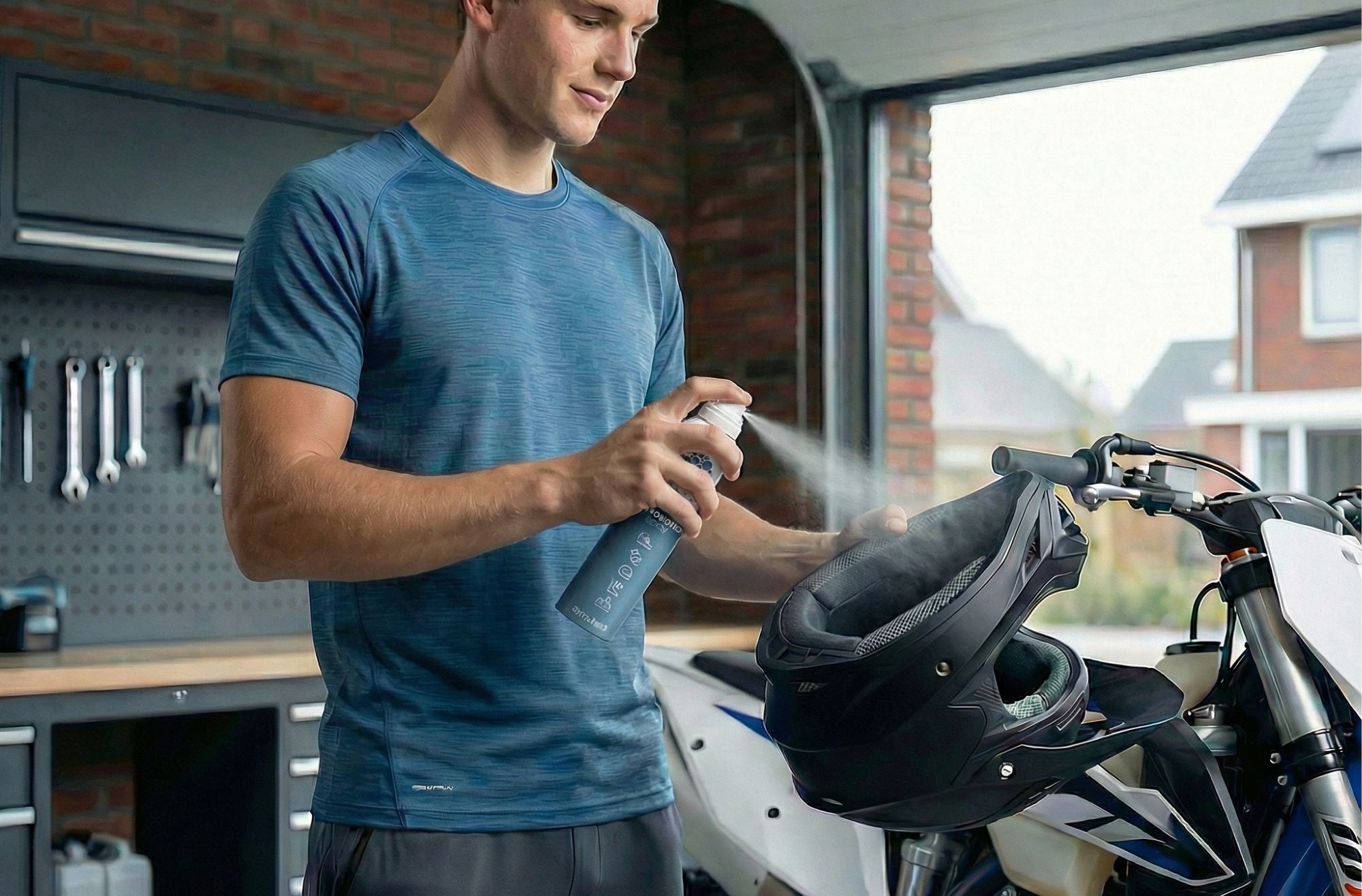 Man die Q-Viva Sports Gear Spray op een helm sprayt om organische vervuiling in sporttextiel te helpen afbreken